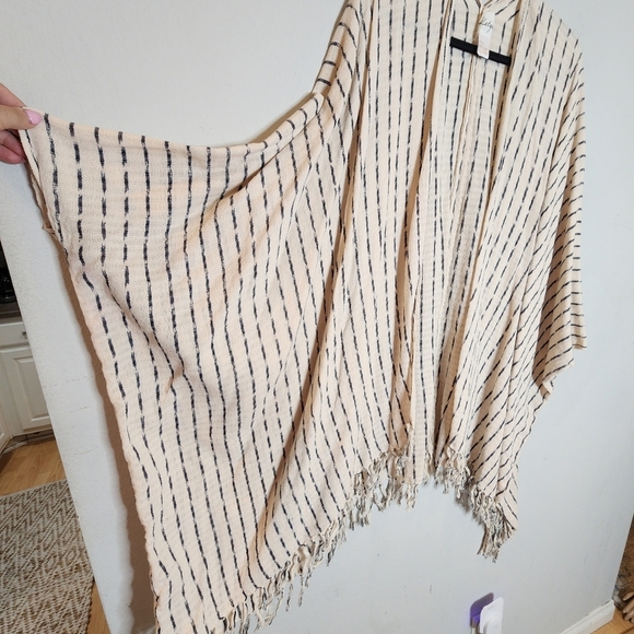 Ketza Guatemala Cotton Woven Cream Stripe Open Front Fringe Kimono One Size - Picture 14 of 16
